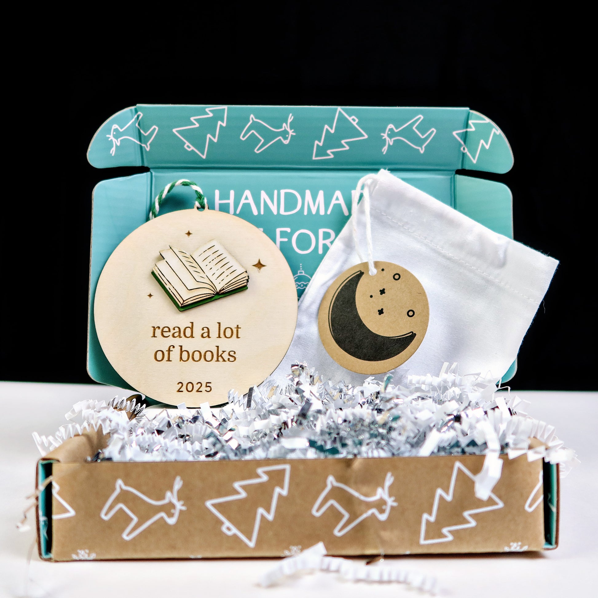 Wood Engraved Book Reading Keepsake for Bookworm Christmas Ornament 2025 handmade by Moon Rock Prints in cute packaging gift box