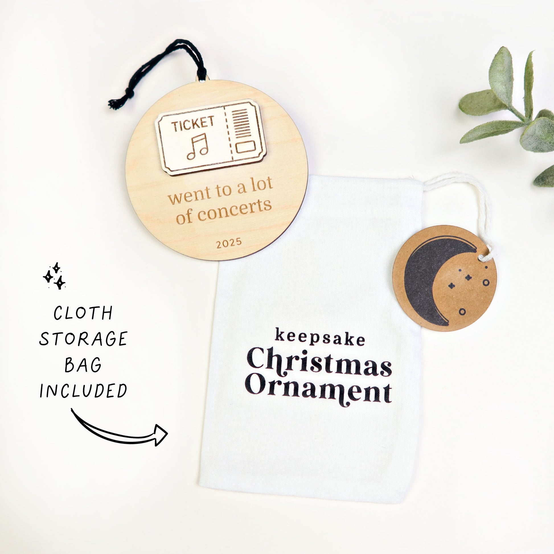 Wood Engraved Concert Ticket Keepsake Christmas Ornament 2025 handmade by Moon Rock Prints includes a keepsake Christmas ornament storage bag