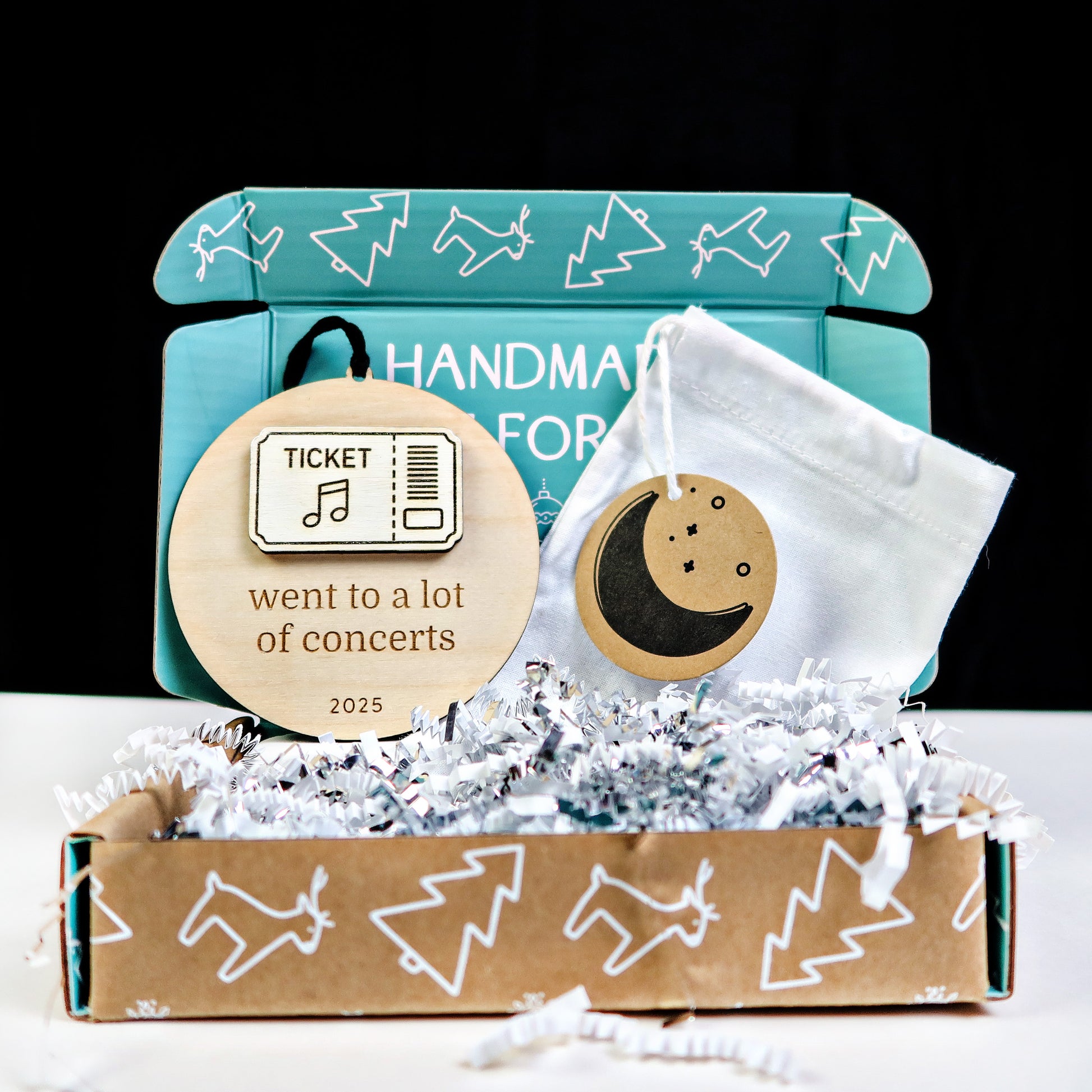 Wood Engraved Concert Ticket Keepsake Christmas Ornament 2025 handmade by Moon Rock Prints in cute packaging gift box