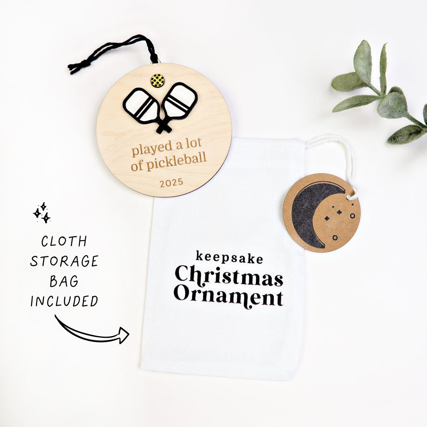 Wood Engraved Pickleball Christmas Ornament 2025 handmade by Moon Rock Prints includes cloth keepsake storage bag