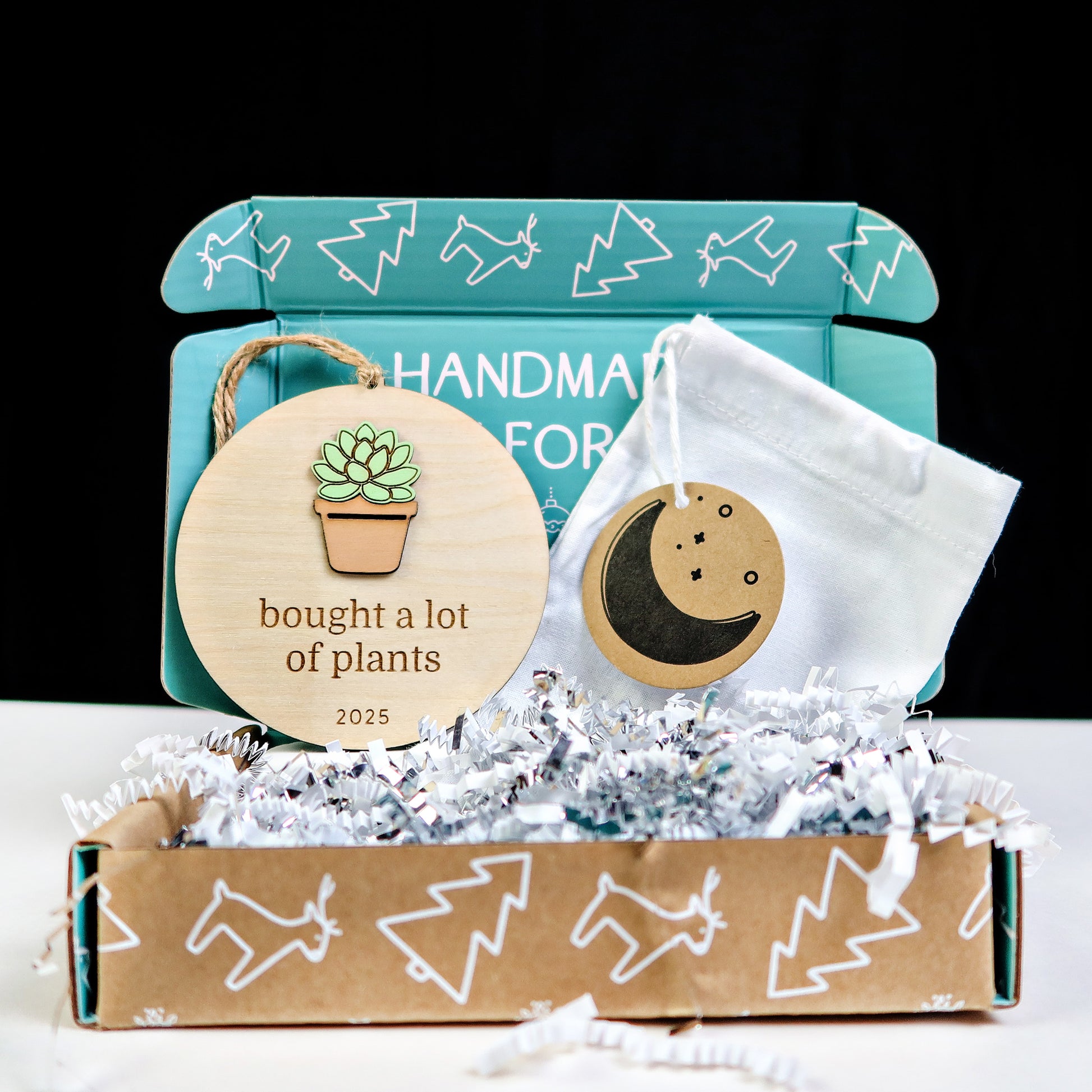 Wood Engraved Plant Lover Keepsake Christmas Ornament 2025 handmade by Moon Rock Prints in cute packaging gift box