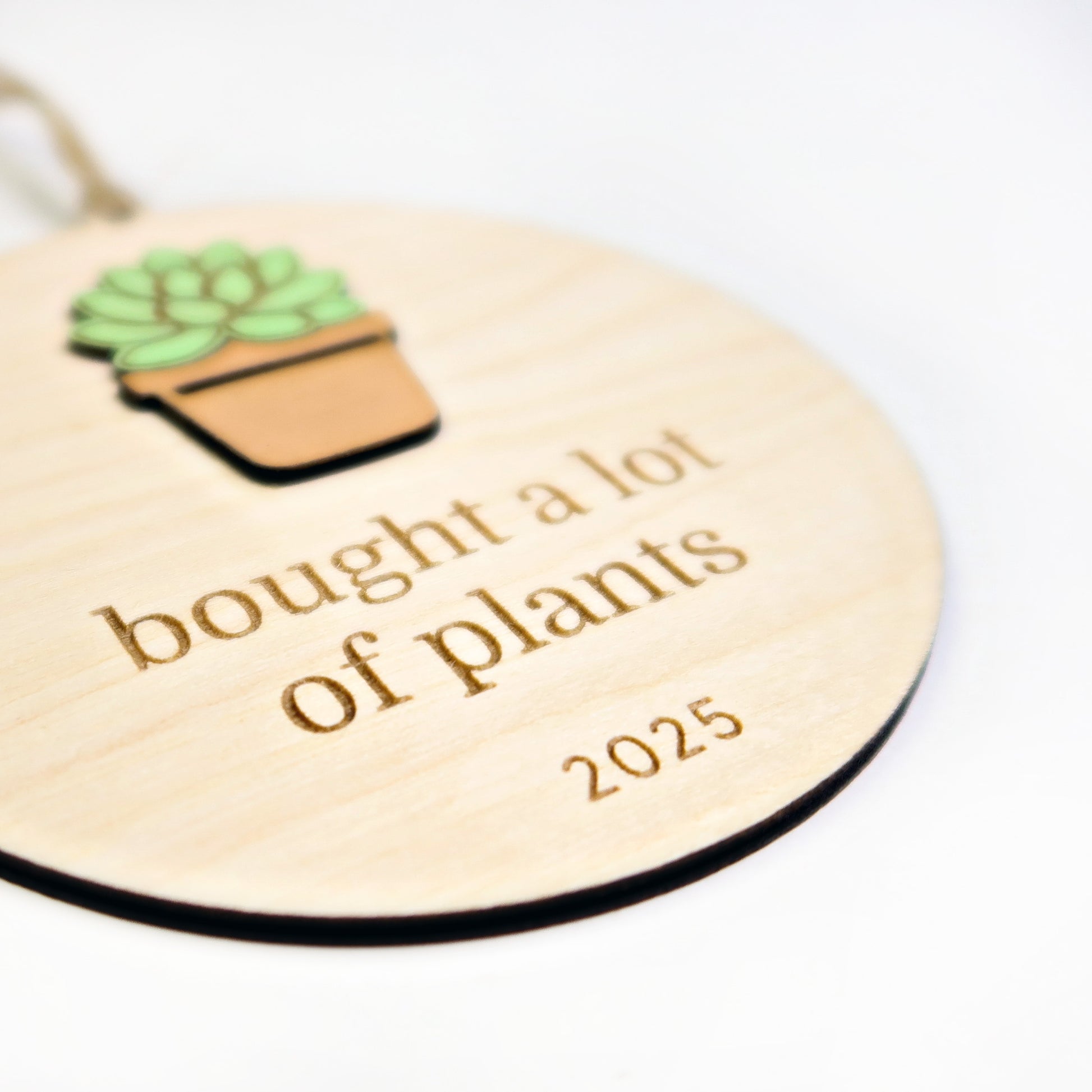 Wooden tag with a potted plant illustration and text 'bought a lot of plants 2025' on a white background