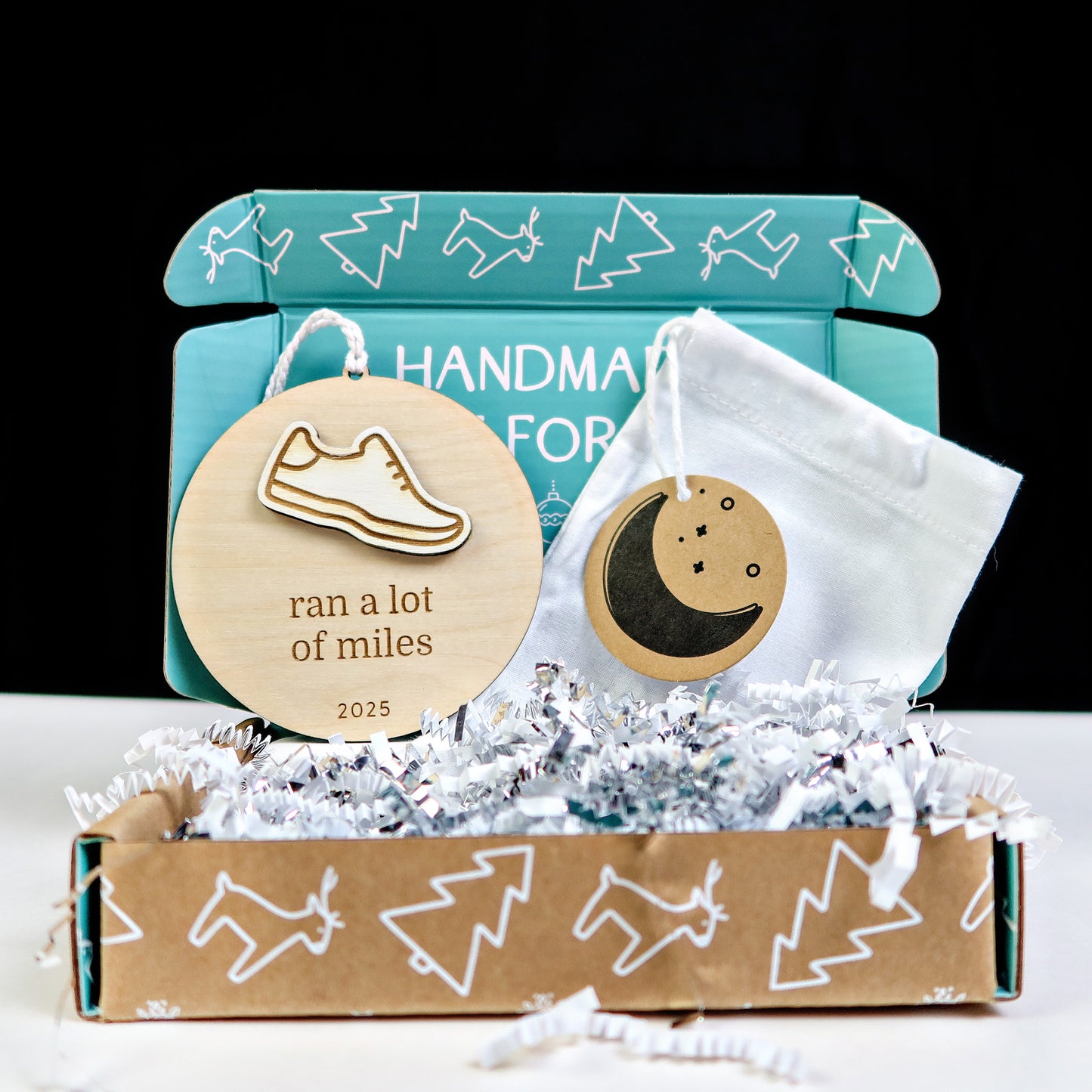 Wood Engraved Ran A Lot of Miles Runner Christmas Ornament 2025 handmade by Moon Rock Prints comes in a cute packaging gift box