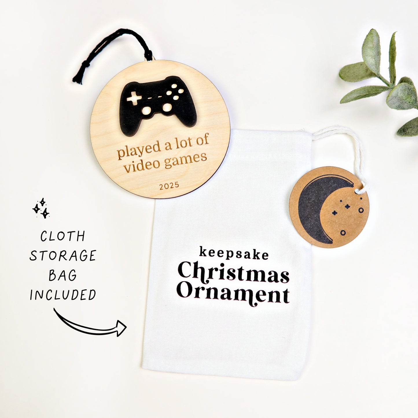 Wood Engraved Video Game Controller Keepsake Christmas Ornament 2025 handmade by Moon Rock Prints includes cloth ornament keepsake storage bag