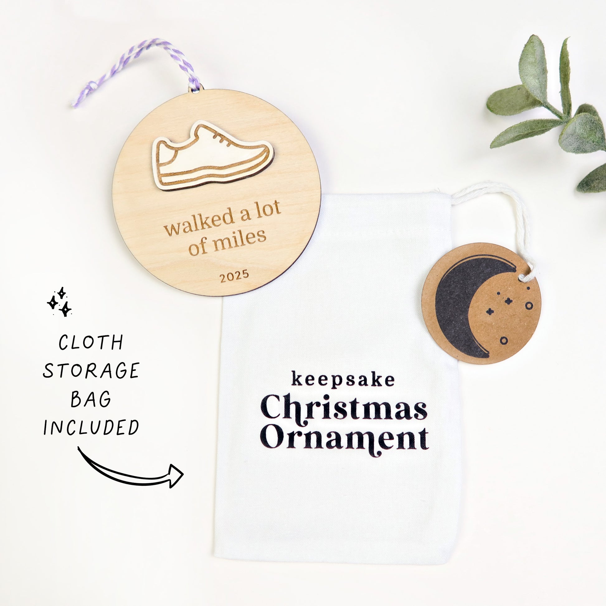Wood Engraved Walking Goal Keepsake Christmas Ornament 2025 handmade by Moon Rock Prints includes cloth keepsake storage bag.