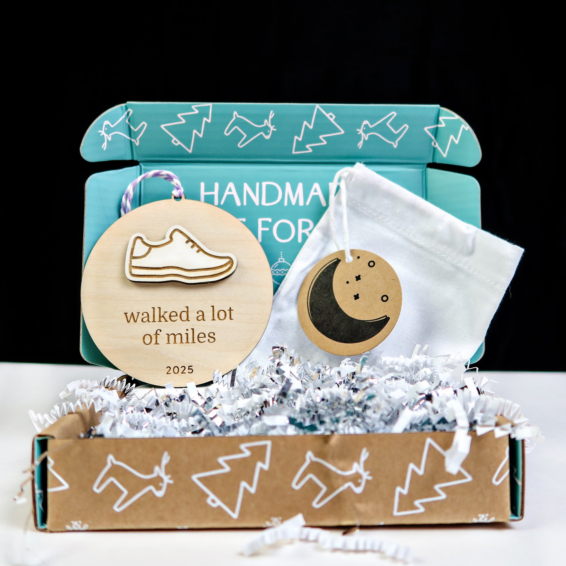 Wood Engraved Walking Goal Keepsake Christmas Ornament 2025 handmade by Moon Rock Prints in cute packaging gift box