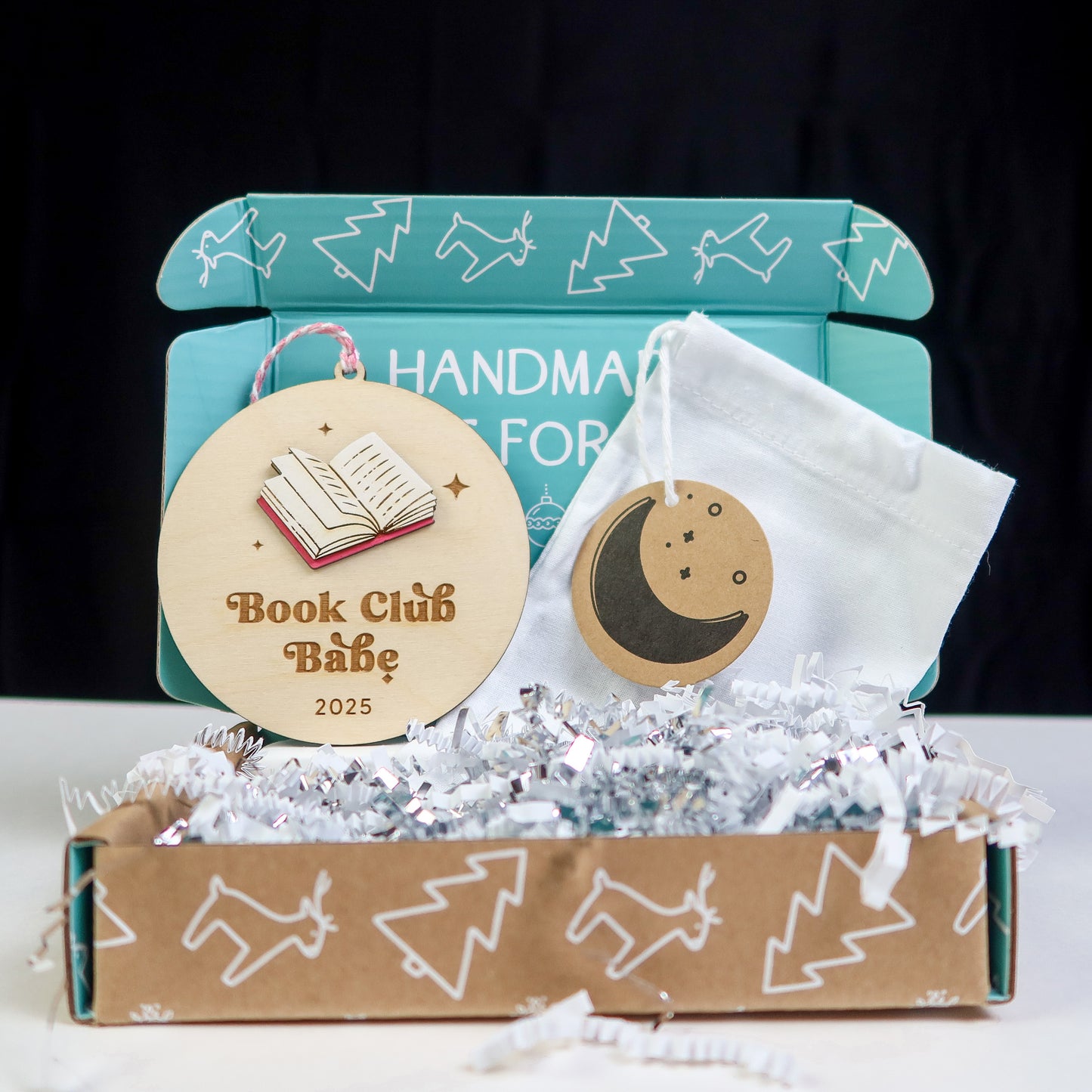 Wood Engraved Book Club Babe Keepsake Christmas Ornament 2025 handmade by Moon Rock Prints in cute packaging gift box