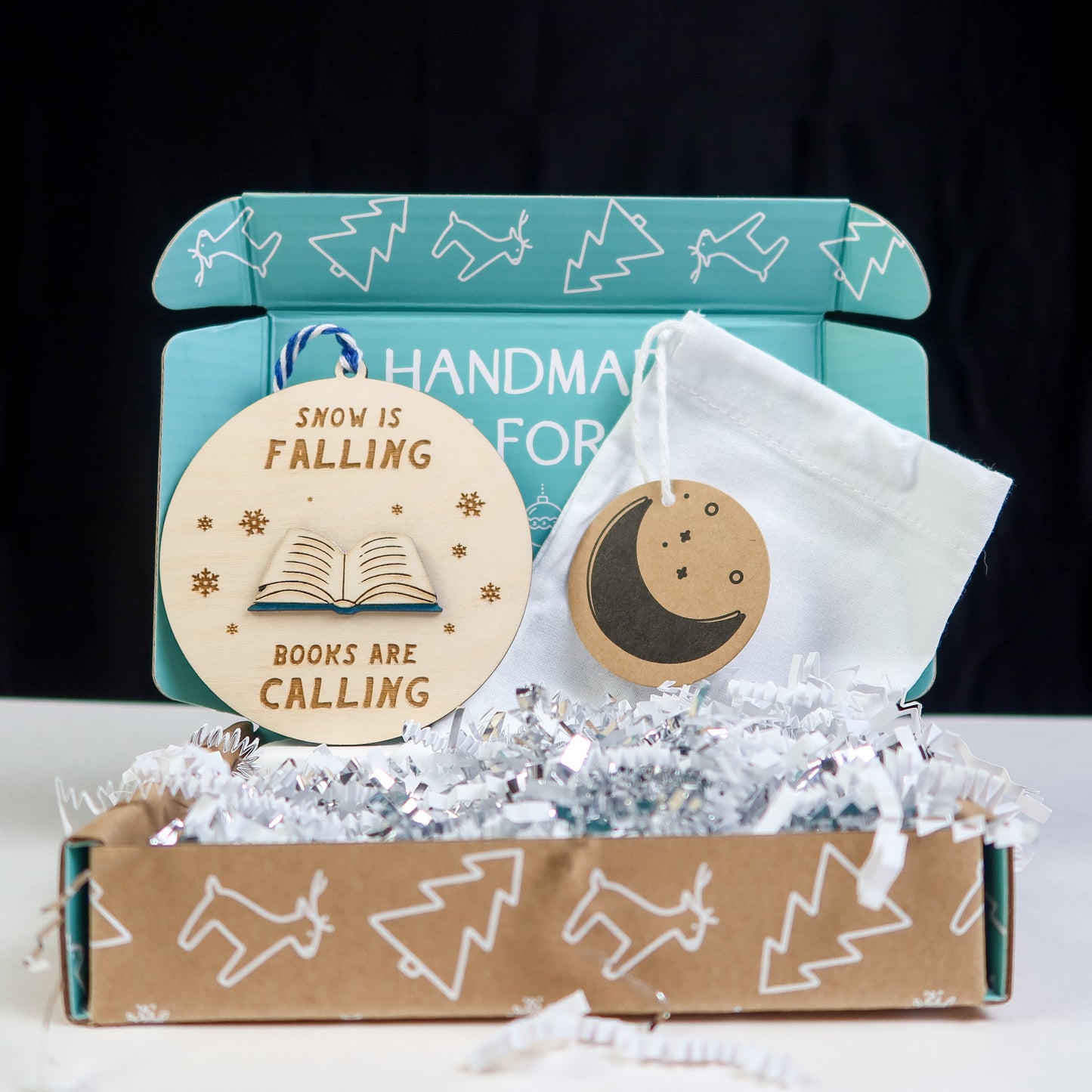 Wood Engraved Books are Calling Keepsake Christmas Ornament 2025 handmade by Moon Rock Prints in cute packaging gift box