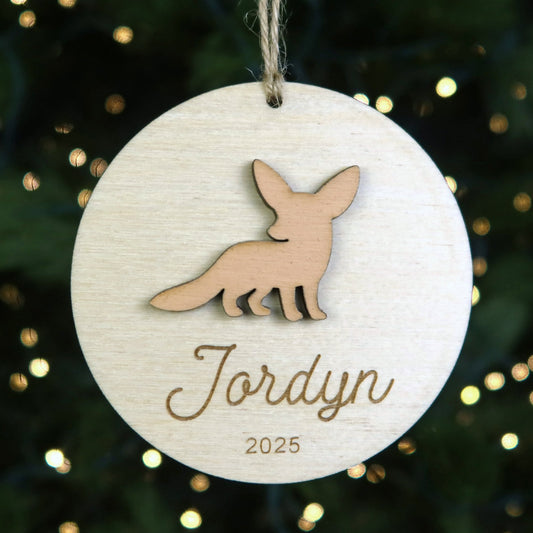 Wood Engraved Fennec Fox Personalized Kids Name Christmas Ornament 2025 or Unique Christmas stocking tag for kids handmade by Moon Rock Prints