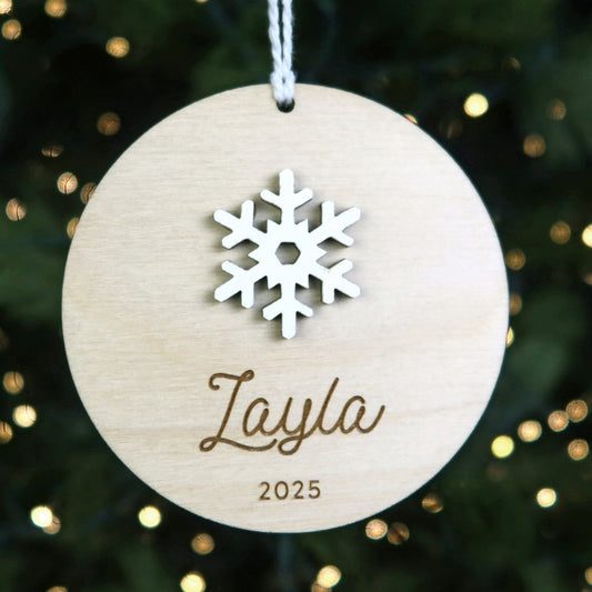 Wood Engraved Snowflake Personalized Kids Name Christmas Ornament 2025 handmade by Moon Rock Prints