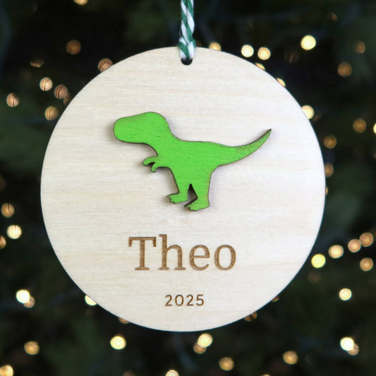 Wood Engraved T-Rex Dinosaur Personalized Kids Name Christmas Ornament 2025 or Unique Christmas stocking tag for kids handmade by Moon Rock Prints