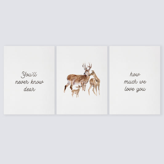 You'll Never Know Dear - Deer Woodland Animal Watercolor Art Print Set of 3 for Woodland Nursery by Moon Rock Prints