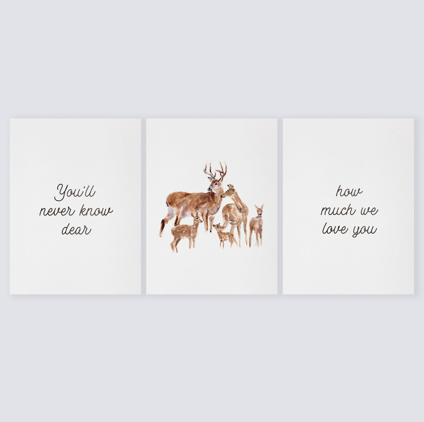 You'll Never Know Dear - Deer Woodland Animal Watercolor Art Print Set of 3 for Woodland Nursery by Moon Rock Prints