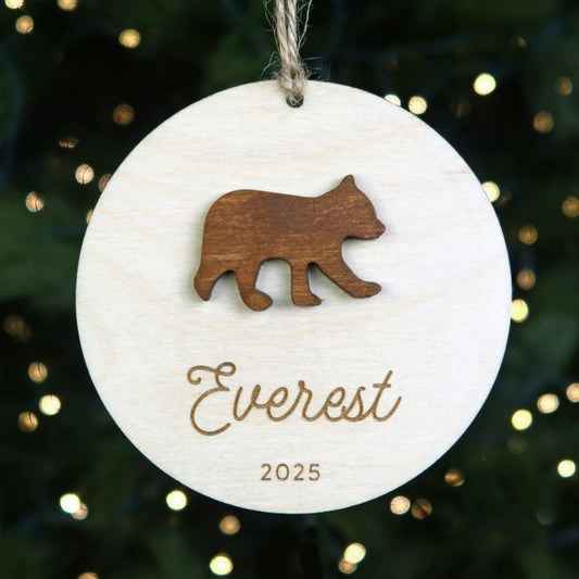 Wood Engraved Brown Bear Personalized Kids Name Christmas Ornament 2025 or Unique Christmas stocking tag for kids handmade by Moon Rock Prints