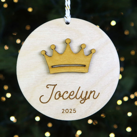 Wood Engraved Princess Crown Personalized Kids Name Christmas Ornament 2025 or Unique Christmas stocking tag for kids handmade by Moon Rock Prints