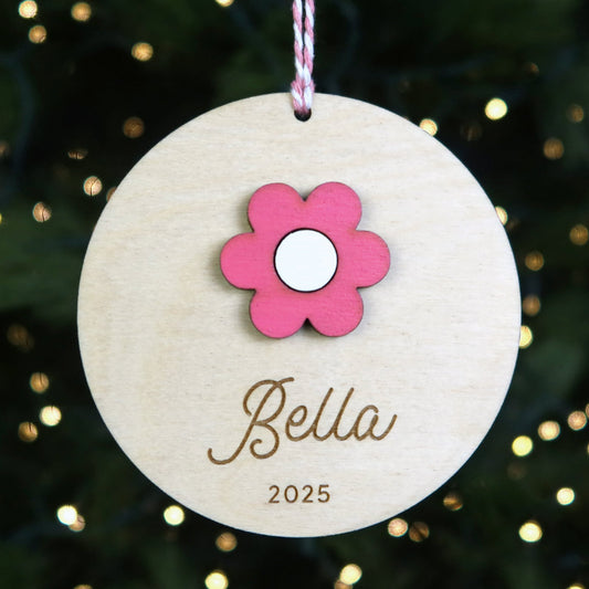 Wood Engraved Pink Flower Personalized Kids Name Christmas Ornament 2025 or Unique Christmas stocking tag for kids handmade by Moon Rock Prints