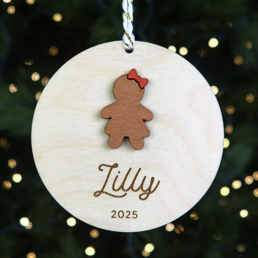 Wood Engraved Gingerbread Girl Personalized Kids Name Christmas Ornament 2025 handmade by Moon Rock Prints