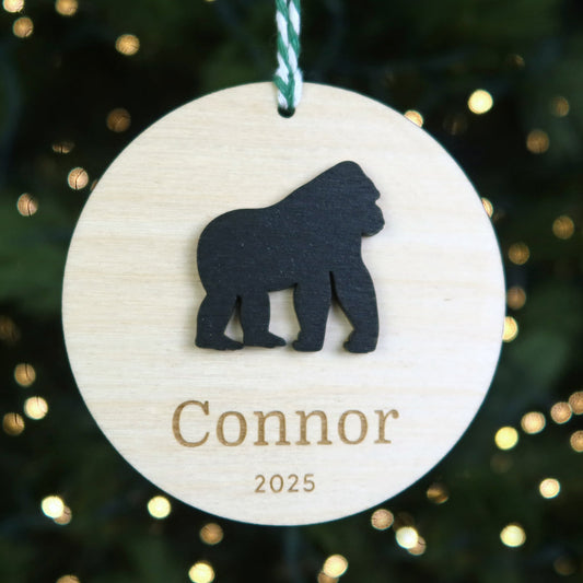 Wood Engraved Gorilla Personalized Kids Name Christmas Ornament 2025 or unique kids stocking tag handmade by Moon Rock Prints