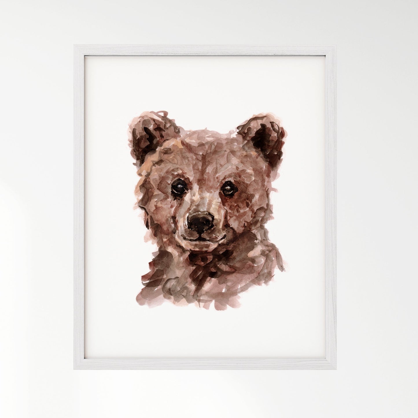 Baby Bear Portrait Watercolor Print Whimsical Baby Animal Art in white premium oak frame for Woodland Nursery by Moon Rock Prints
