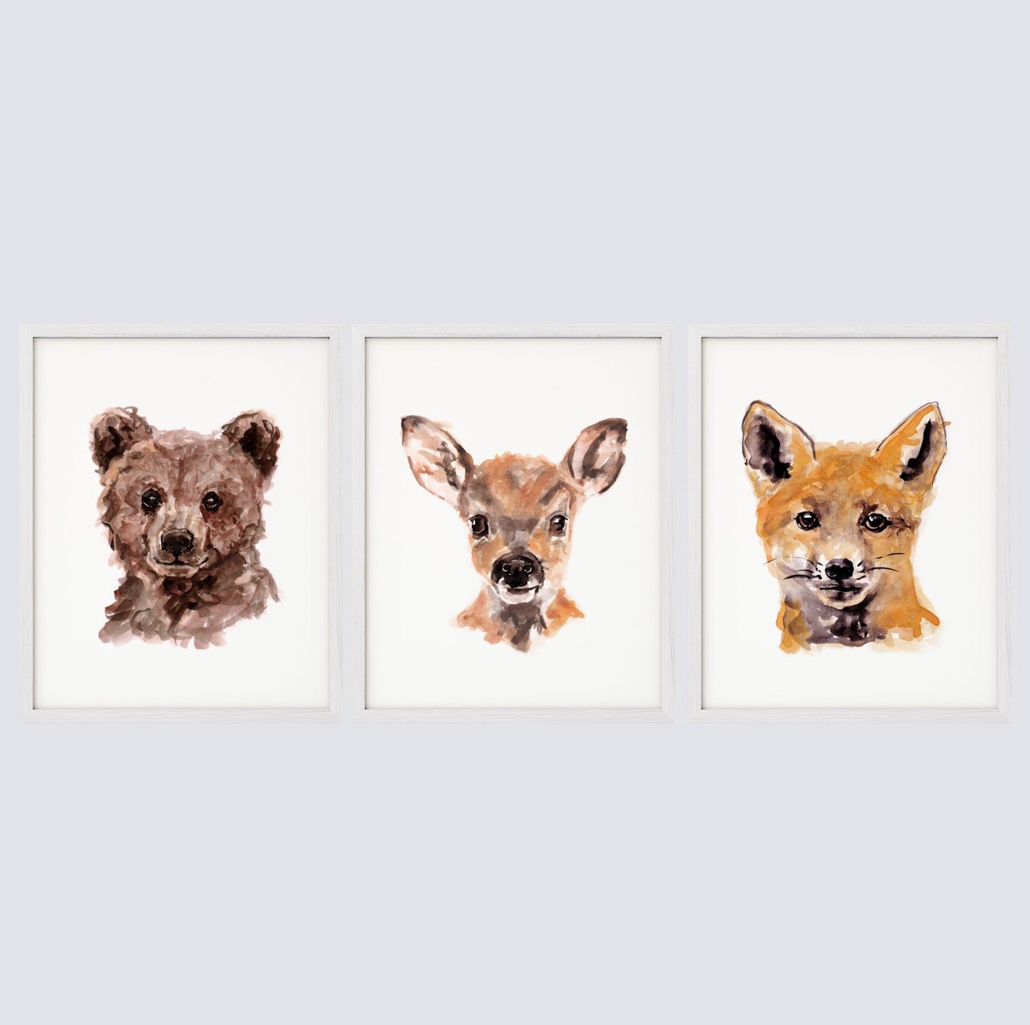 Baby Woodland Animal Portraits Watercolor Art Print Set of 3 - Art Prints - Moon Rock Prints