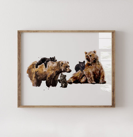 Bear Family of 5 Woodland Animal Watercolor Art Print - Art Prints - Moon Rock Prints