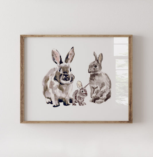 Bunny Family of 3 Woodland Animal Watercolor Art Print - Art Prints - Moon Rock Prints