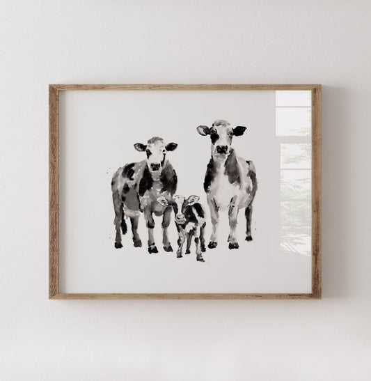 Cow Family of 3 Farm Animal Watercolor Art Print - Art Prints - Moon Rock Prints