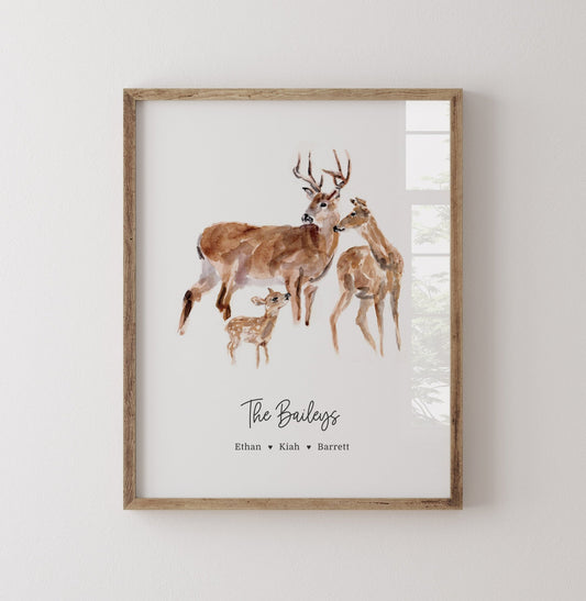 Deer Family Personalized Watercolor Art Print - Art Prints - Moon Rock Prints