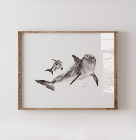 Dolphin & Baby Dolphin Watercolor Art Print - Art Prints - Moon Rock Prints