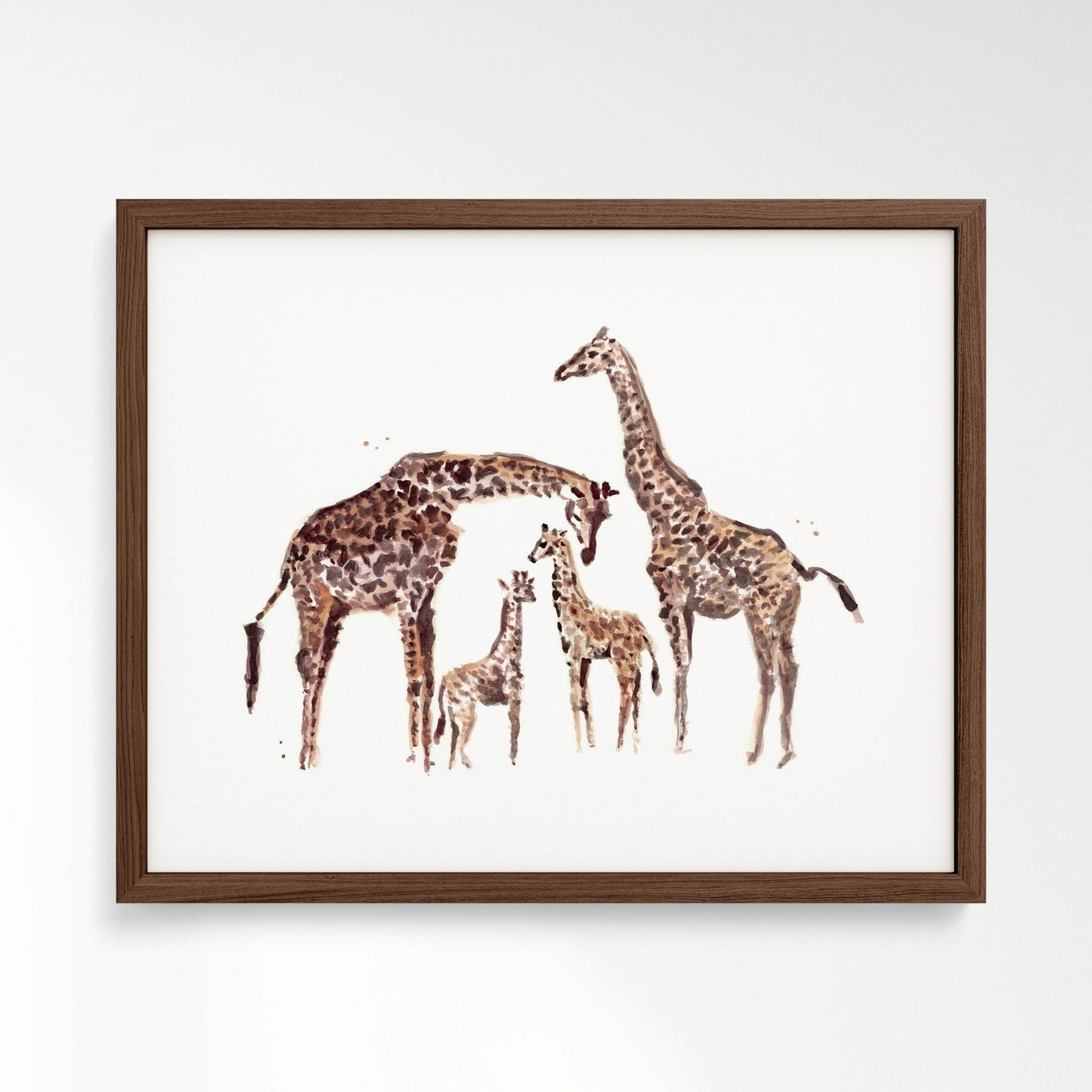 Giraffe Family of 4 Watercolor Art Print framed in a walnut wood frame