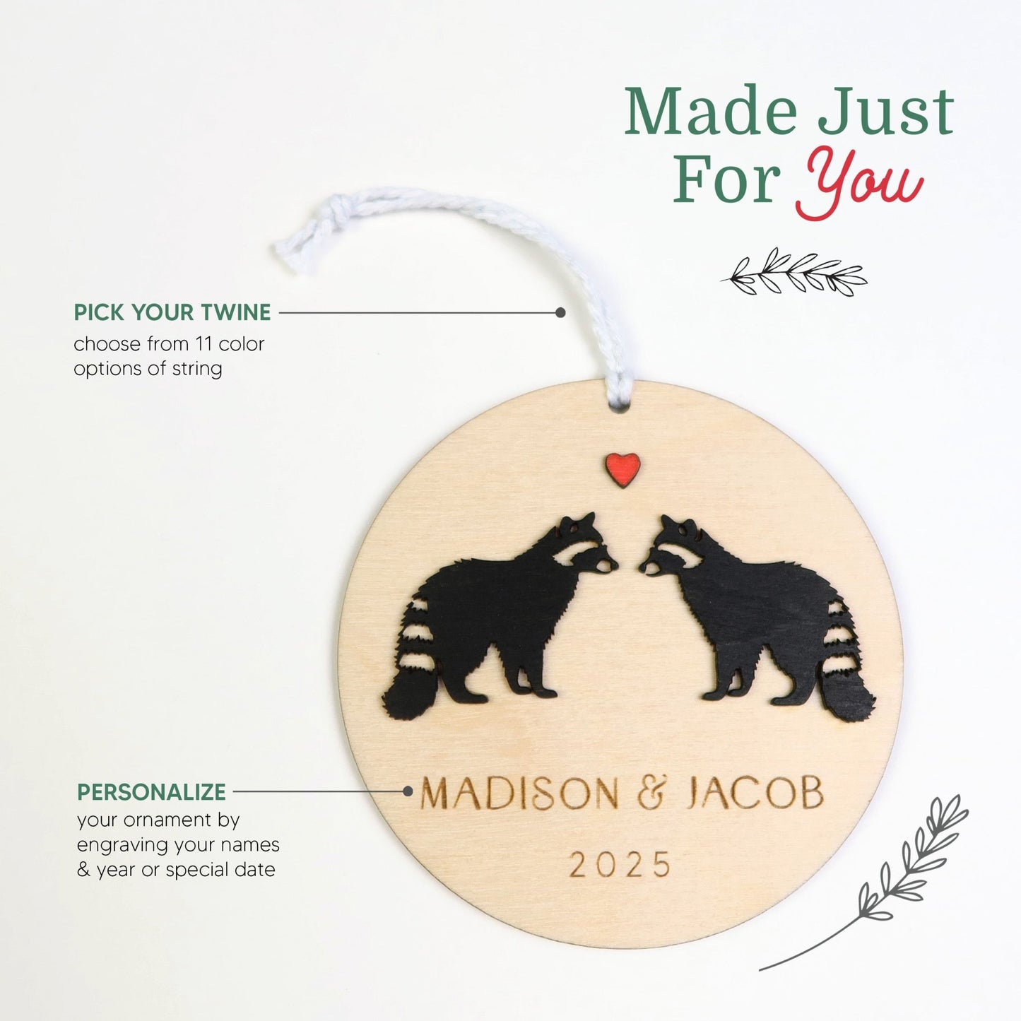 Raccoon Couple Personalized Ornament - Holiday Ornaments - Moon Rock Prints