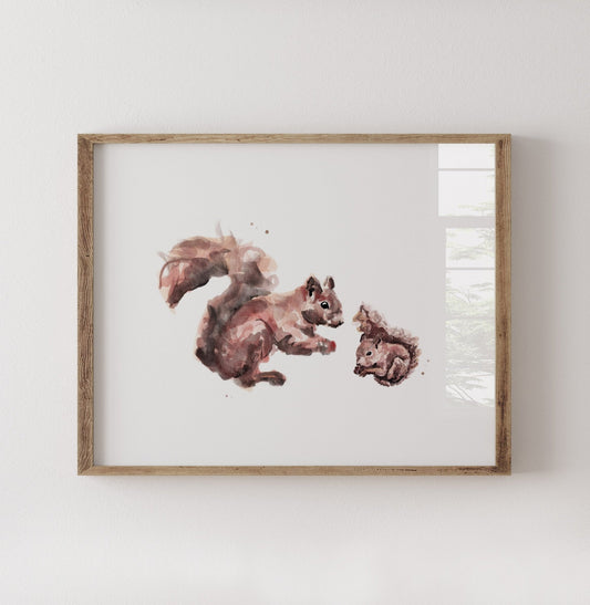 Squirrel and Baby Squirrel Woodland Animal Watercolor Art Print - Art Prints - Moon Rock Prints