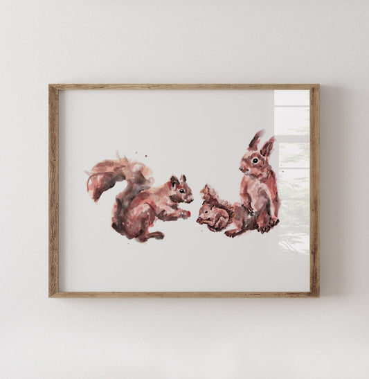 Squirrel Family of 3 Woodland Animal Watercolor Art Print - Art Prints - Moon Rock Prints