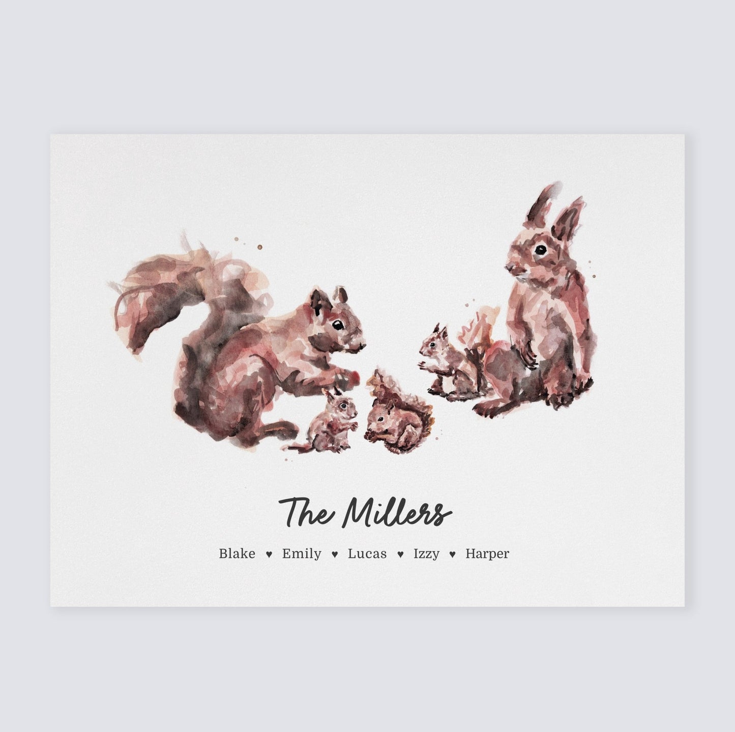Squirrel Family Personalized Watercolor Art Print - Art Prints - Moon Rock Prints
