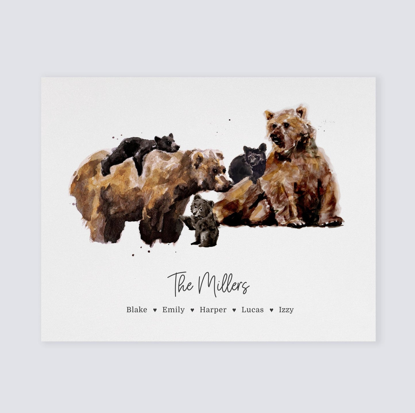Bear Family Personalized Watercolor Art Print for Woodland Nursery by Moon Rock Prints
