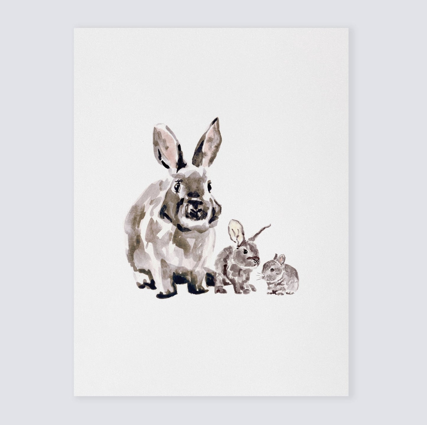 Bunny with Two Baby Bunnies Woodland Animal Watercolor Art Print for Twin Nursery by Moon Rock Prints