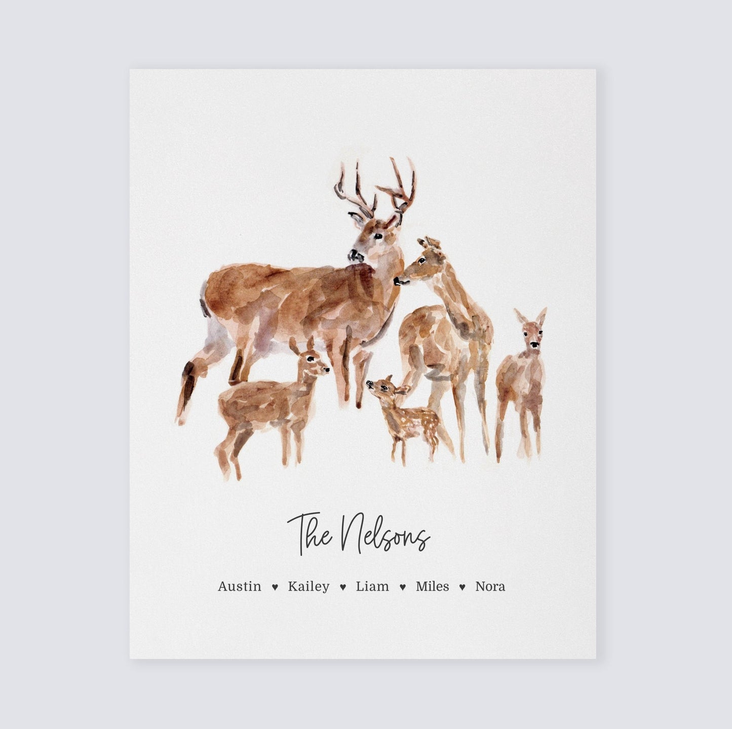 Deer Family Personalized Watercolor Art Print by Moon Rock Prints