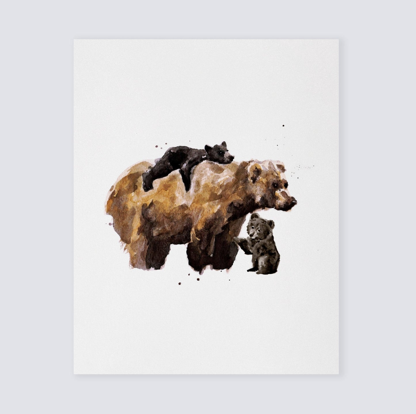 Mama Bear & Two Cubs Woodland Animal Watercolor Art Print for Woodland Nursery by Moon Rock Prints