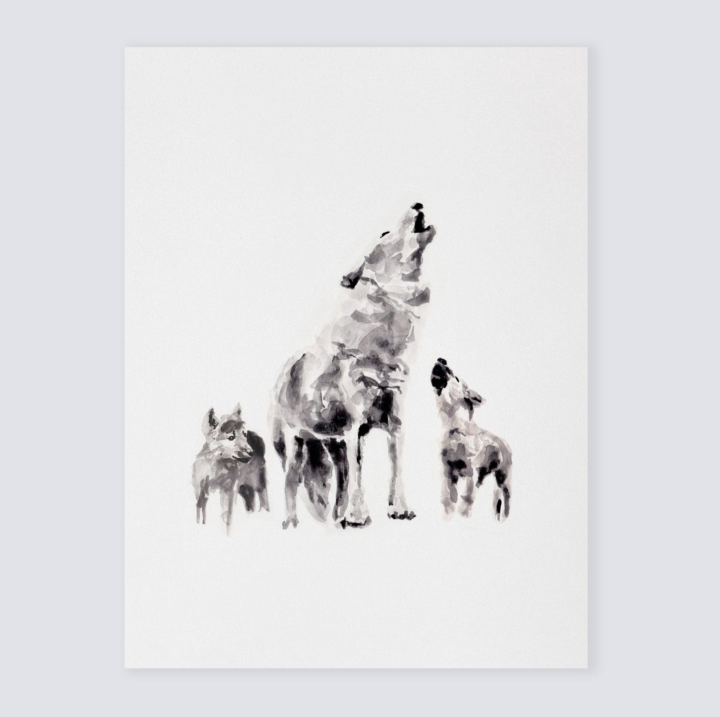 Wolf & Two Pups Woodland Animal Watercolor Art Print for Twin Nursery by Moon Rock Prints