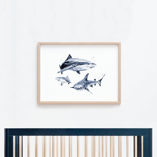 Shark Family Watercolor Print Nautical Nursery Art
