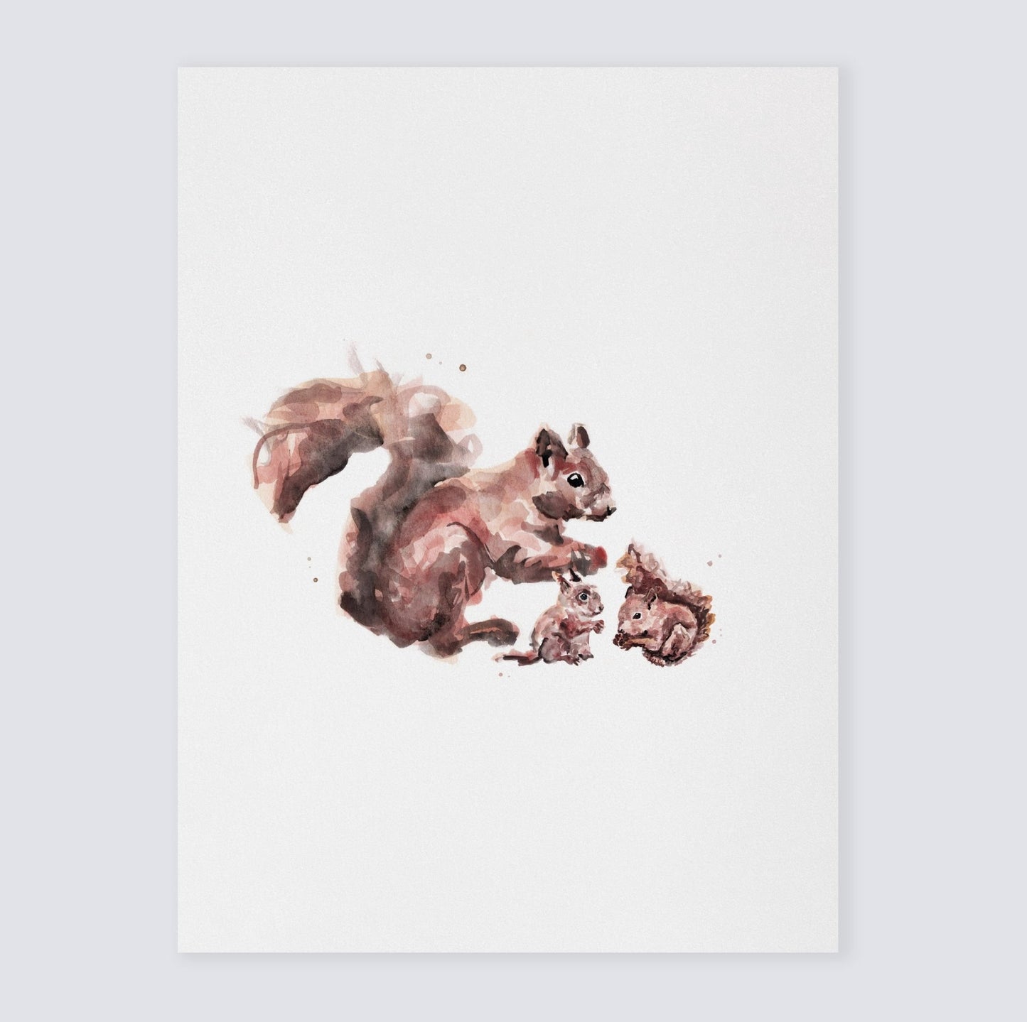 Squirrel & Two Baby Squirrels Woodland Animal Watercolor Art Print for Twin Nursery by Moon Rock Prints
