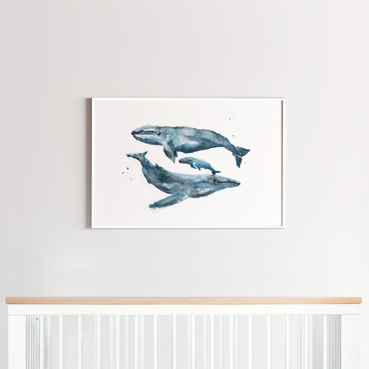 Whale Family Watercolor Print - Ocean Nursery Art Prints - Moon Rock Prints
