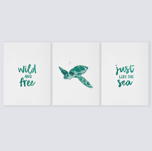 Wild and Free Just like the Sea: Turtles 3 Print Set - Ocean Nursery Art Prints - Moon Rock Prints