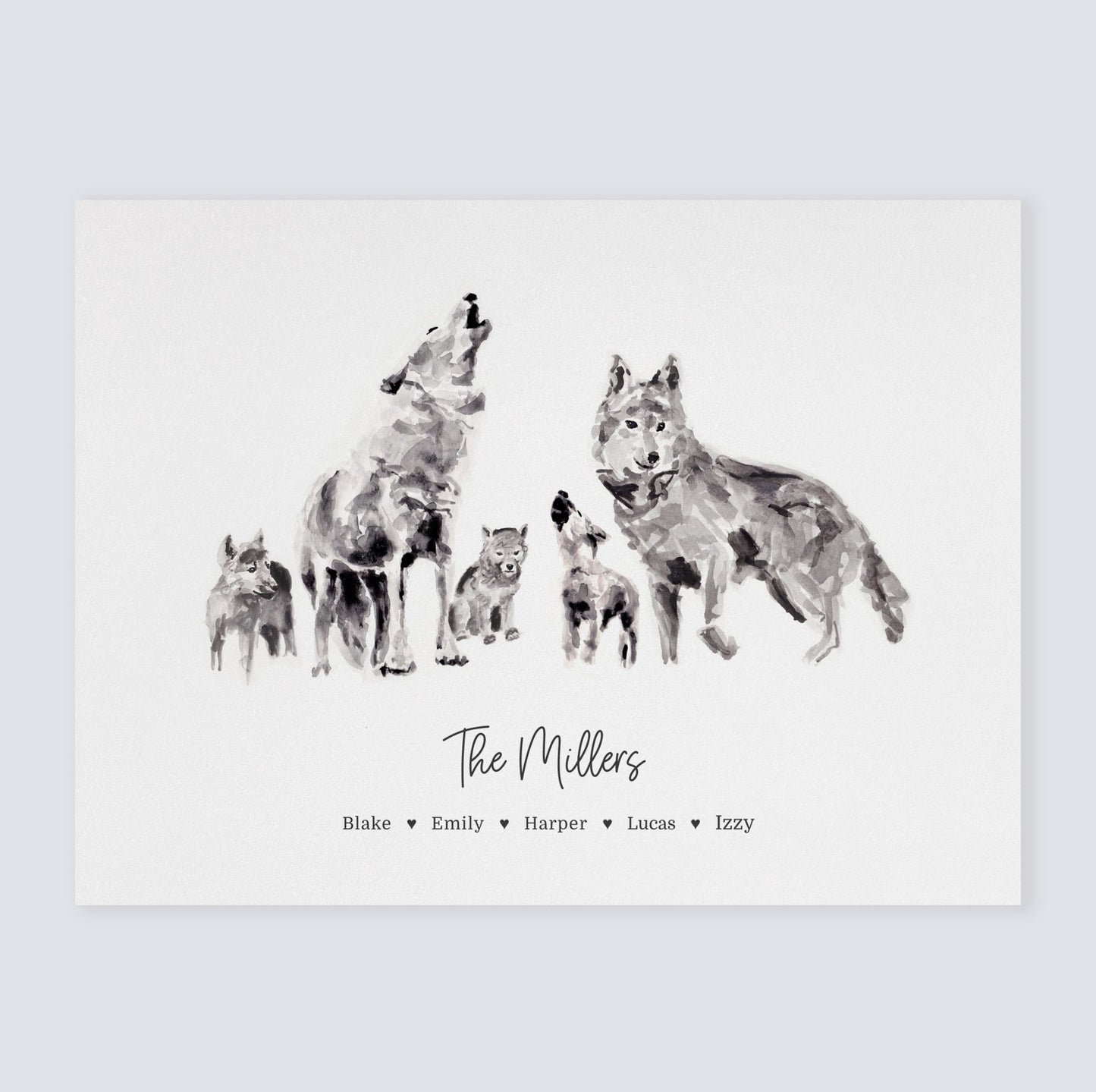 Wolf Family Personalized Watercolor Art Print for Woodland Nursery or Boho Decor by Moon Rock Prints