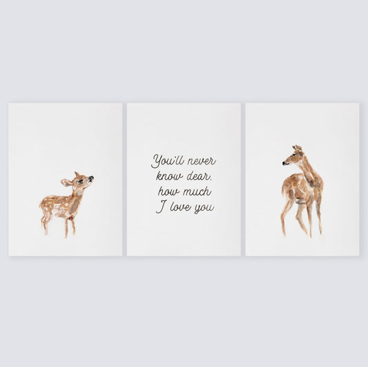 You'll Never Know Dear - Deer Woodland Animal Watercolor Art Print Set of 3 for Woodland Nursery by Moon Rock Prints