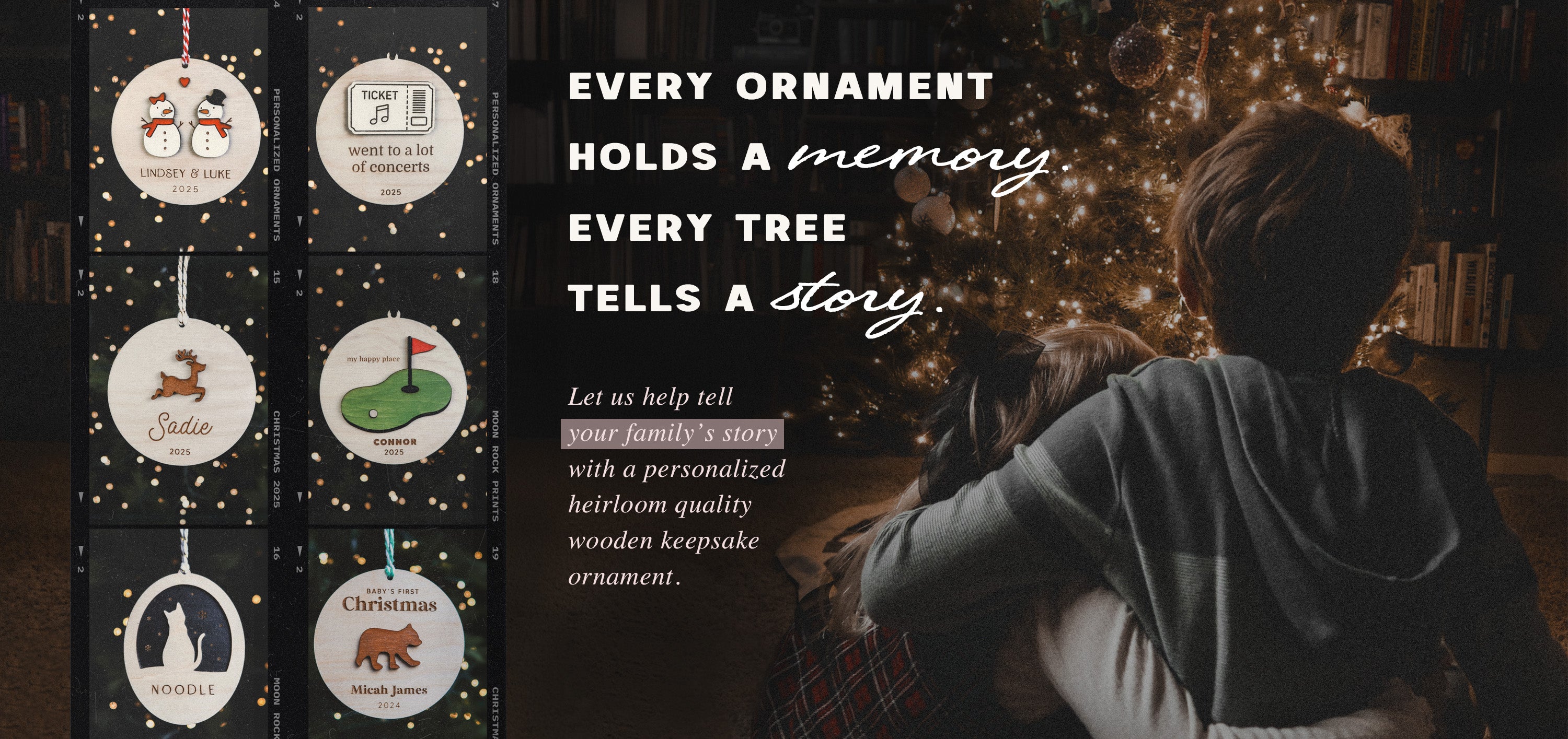 Packaging of wooden ornaments with text overlay and a family looking at a Christmas tree.
