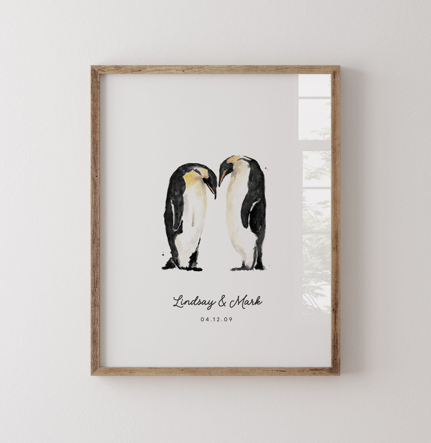 A personalized penguin couple watercolor art print—perfect for Valentine’s Day, anniversaries, weddings, or a sweet romantic gift for couples.