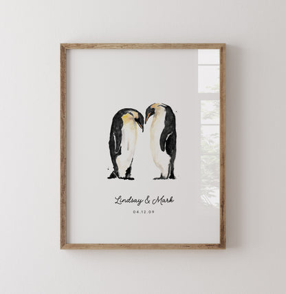 A personalized penguin couple watercolor art print—perfect for Valentine’s Day, anniversaries, weddings, or a sweet romantic gift for couples.