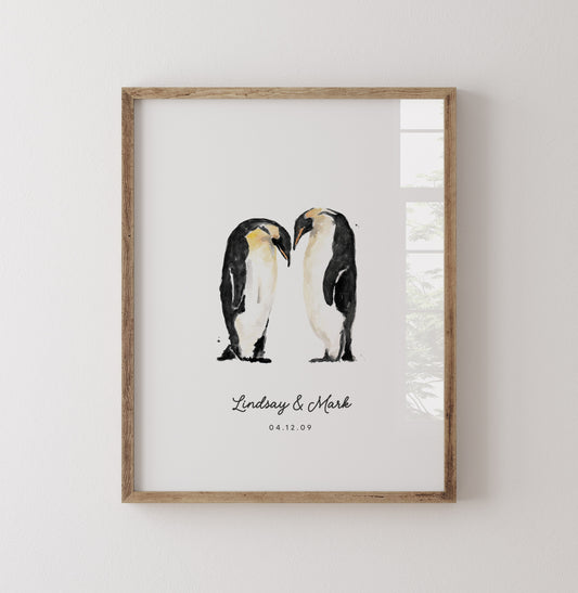 A personalized penguin couple watercolor art print—perfect for Valentine’s Day, anniversaries, weddings, or a sweet romantic gift for couples.