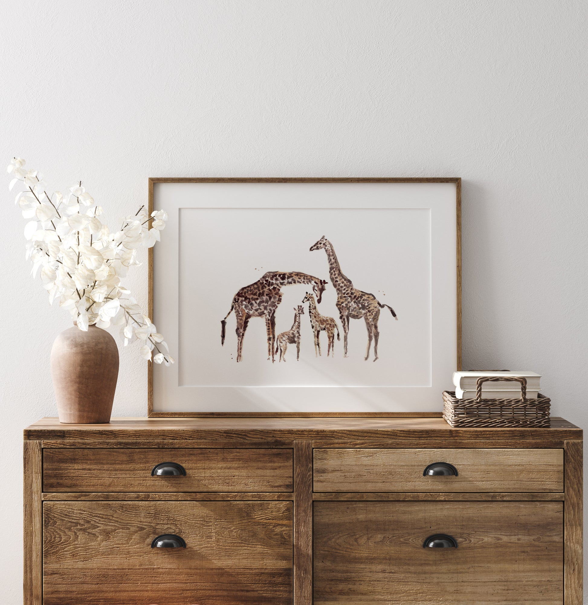 Giraffe Family of 4 Watercolor Art Print, Safari Nursery Wall Art, Jungle Animal Family Illustration, Kids Room Decor
